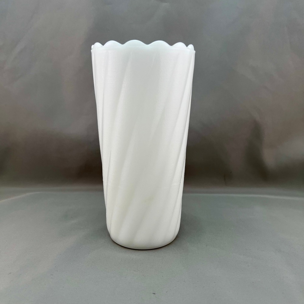 EO Brody Co Milk Glass Vase MJ-49 White Swirl Scalloped Rim Excellent MCM USA